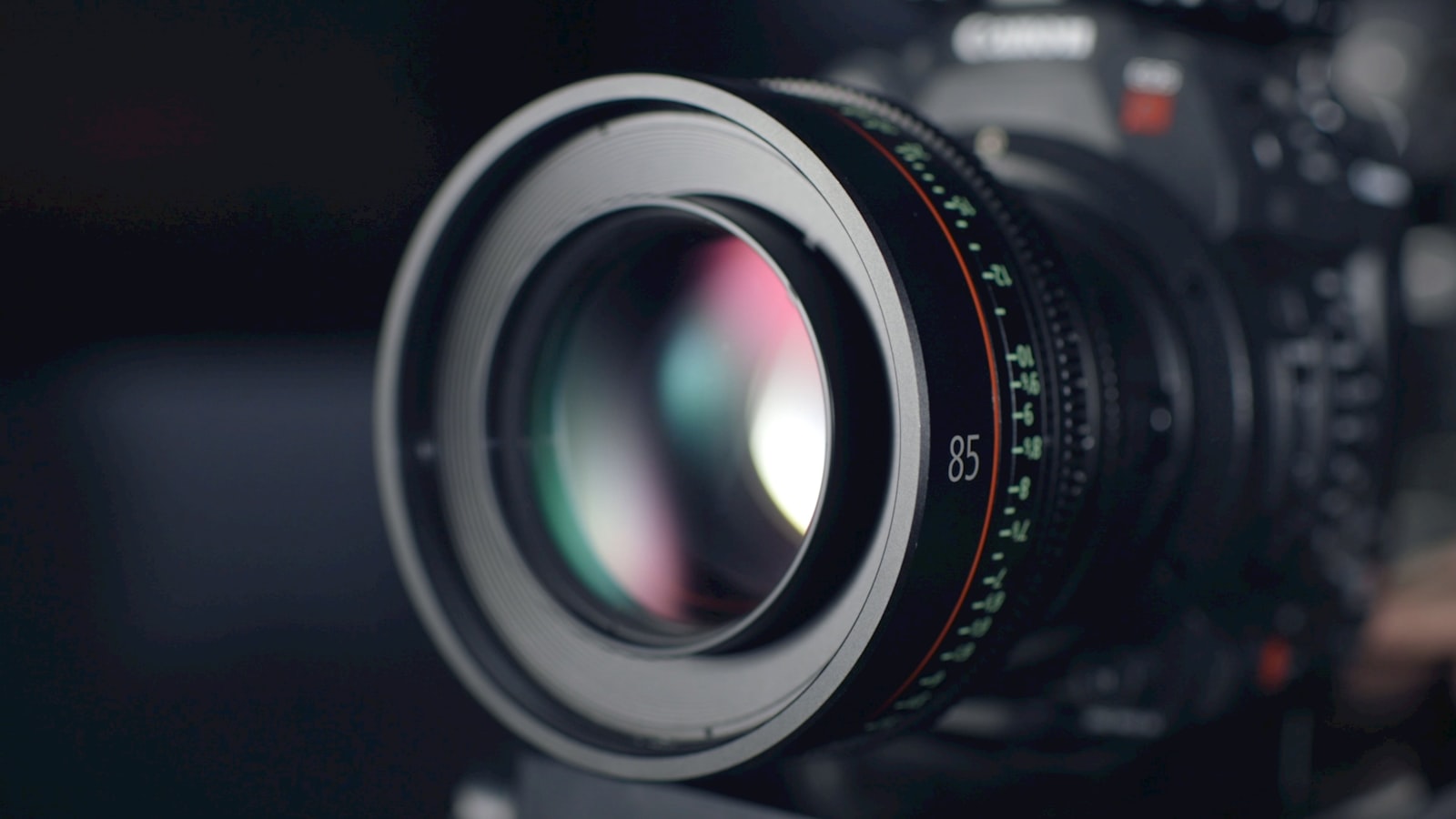 Close-up of a cinema camera lens