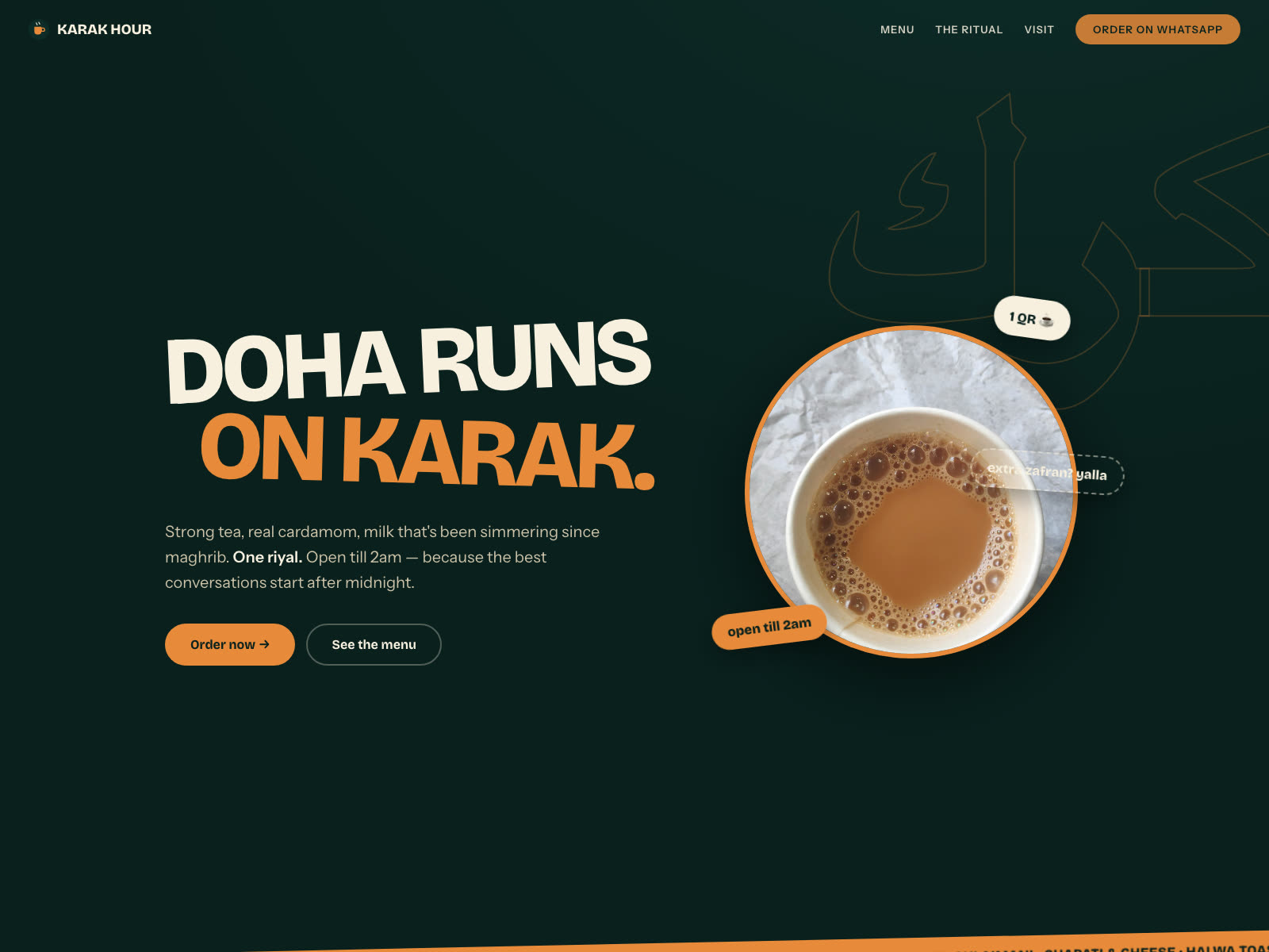 The Karak Hour site — deep green hero reading Doha Runs on Karak with a cup of karak