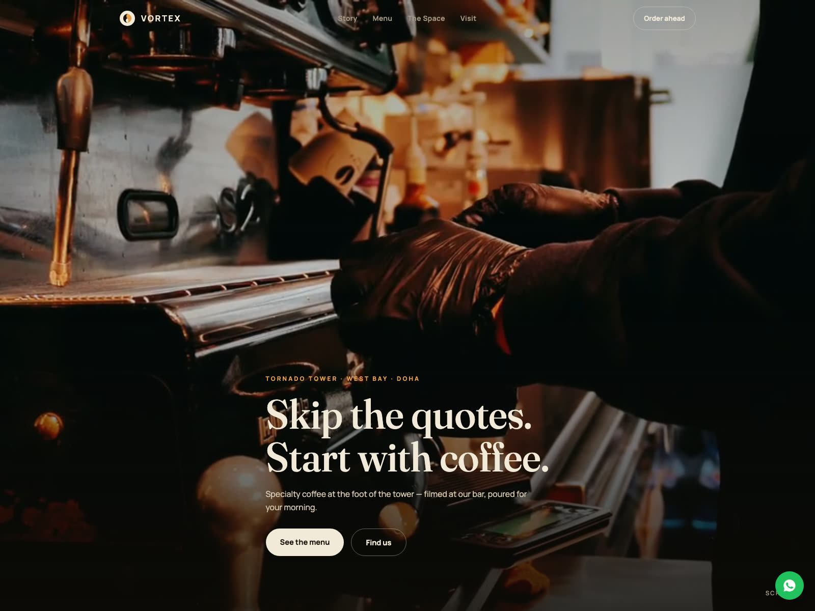 Vortex concept two — dark editorial with a live film hero